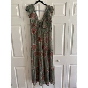 America & Beyond Womens Large Green Sheer Babydoll Maxi Dres Cottagecore Boho